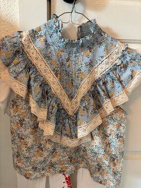 HUNTER BELL Light Blue Floral Lace-Trim Blouse